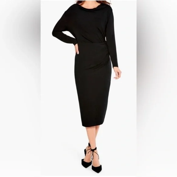 NIC+ZOE Black Long Sleeve Ruched Draped Cowl Neck Dress - Picture 7 of 12